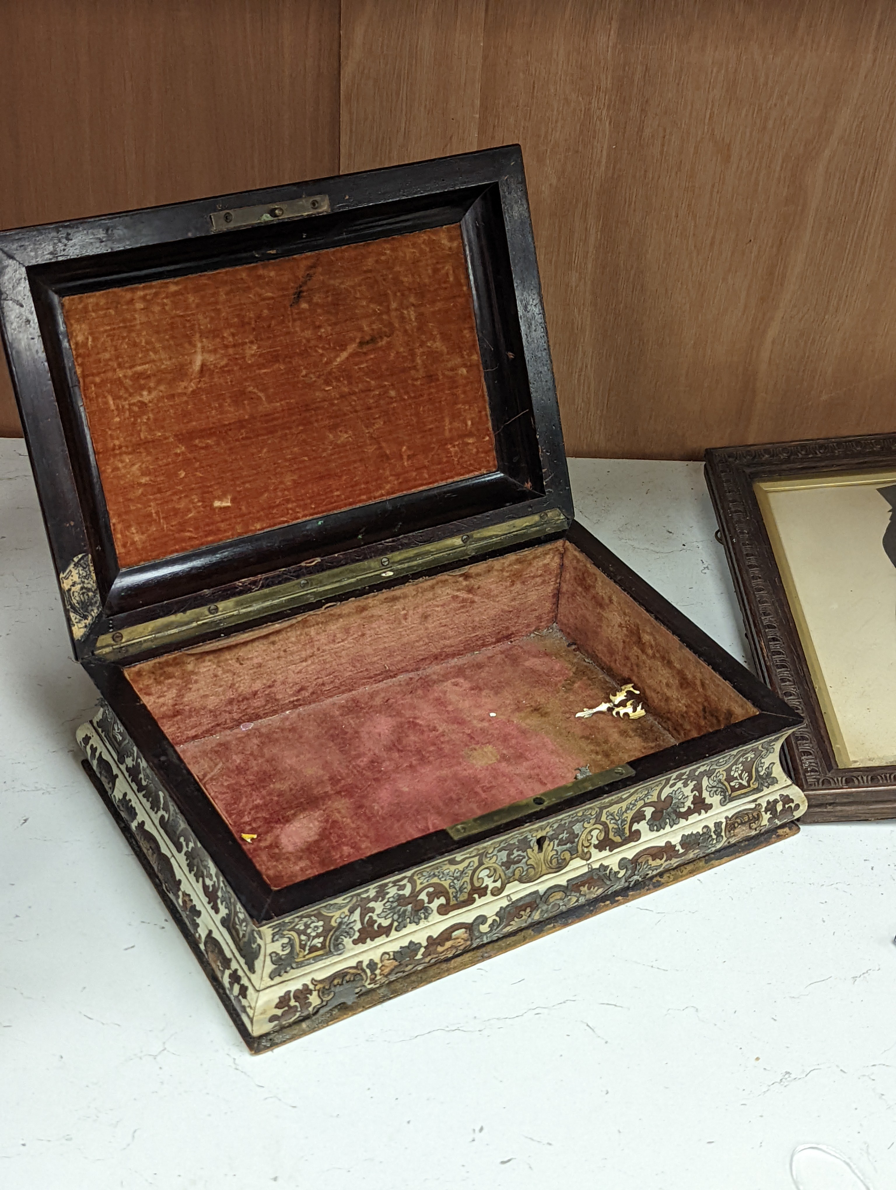 A 19th century French cut brass pewter and ivory inlaid jewellery box, h 10cm, 27 x 19cm, together with a parquetry box (2)